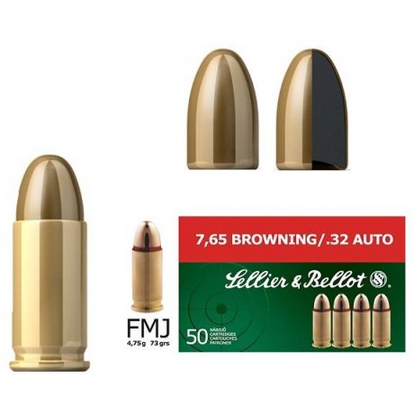 SELLIER & BELLOT CARTUS 7,65 BROWNING FULLMANTEL/4,75G. / .32AUTO FMJ